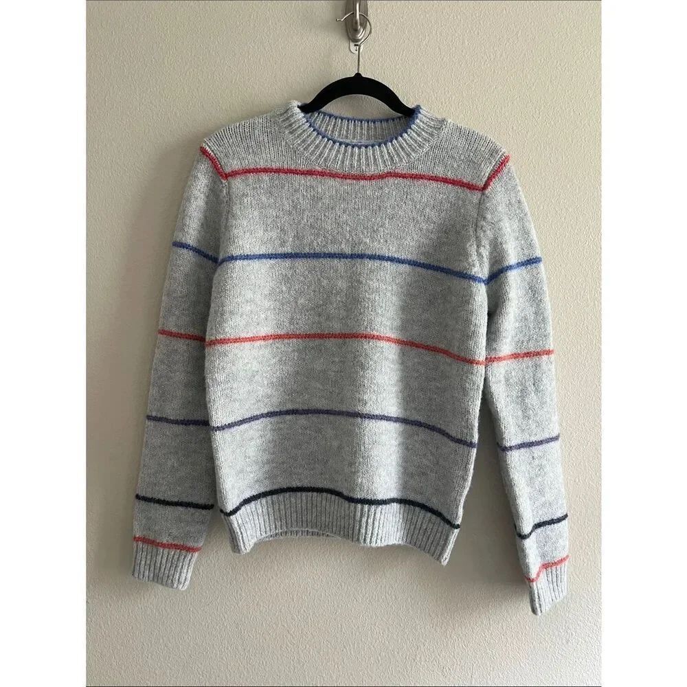 New Self Contrast Gray Multicolor Stripe Crewneck Sweater Soft Knit Pullover S